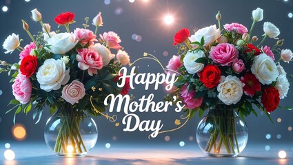 Happy mothers day with beautiful flowers in vases