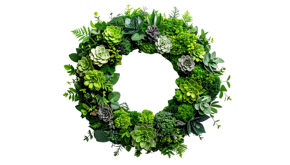 Elegant greenery wreath home floral arrangement top view isolated on solid white background3