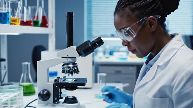 A focused professional, wearing a white lab coat and protective safety glasses, intently examines a sample through a modern optical microscope in a bright, contemporary laboratory setting. The backgro