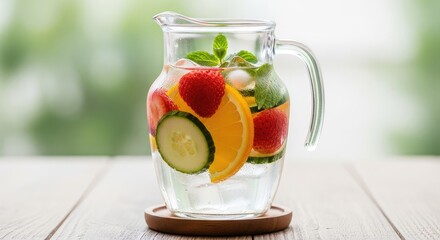 Refreshing infused water with fruits and mint in glass pitcher