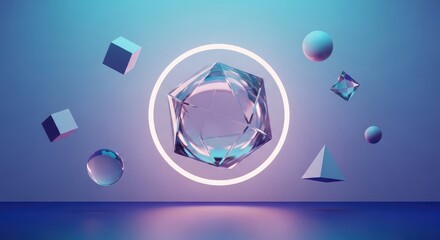 Futuristic geometric shapes floating in modern tech environment