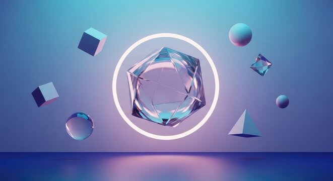 Futuristic geometric shapes floating in modern tech environment - Powered by Adobe