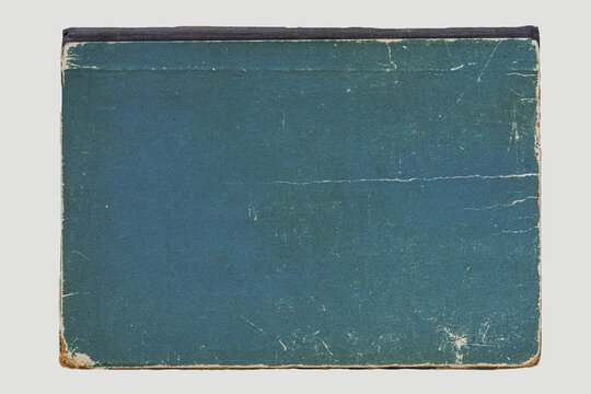 Hardcover book on white background. Worn teal book cover with vintage paper texture, scratches. Aged retro style, academic nostalgia minimalist background, copy space
