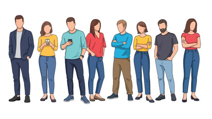 Obraz premium Diverse group of young adults illustration showing various casual poses and some individuals interacting with their personal mobile technology devices