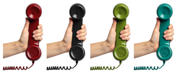 group of hand holding telephone receiver isolated on white background