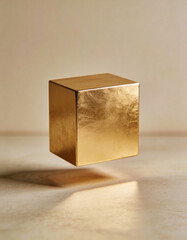 Floating Gold Block Casting Soft Shadow in Neutral Studio Environment, Luxury Minimalism for Premium Product Mockups, High-End Branding, Modern Advertising, and Elegant Visual Presentation