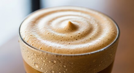 Close-up of a glass of creamy coffee drink with swirly foam