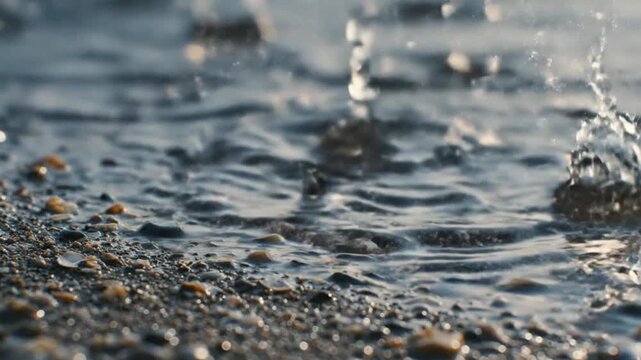 A mesmerizing close-up captures the dynamic interplay of water and a pebbly shore. Water splashes and ripples gracefully over small stones and glistening sand, creating a beautiful natural texture. Su