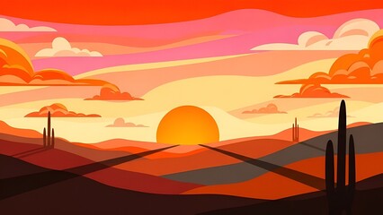 A vibrant desert landscape at sunset with a large orange sun casting long shadows across rolling hills and silhouetted cacti.