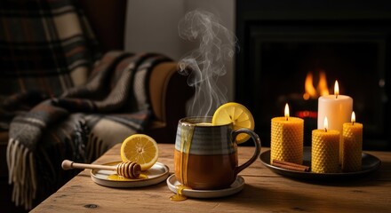 Cozy evening with steaming tea and candles by the fireplace