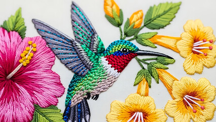 Vibrant Hand-Embroidered Hummingbird with Colorful Hibiscus and Yellow Trumpet Flowers Textile Craft