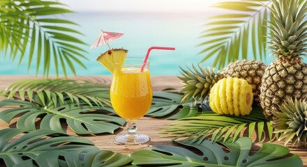 Pineapple juice in tropical setting with palm leaves and fruit