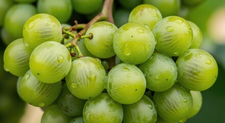 Fresh green grapes with water droplets on a vine