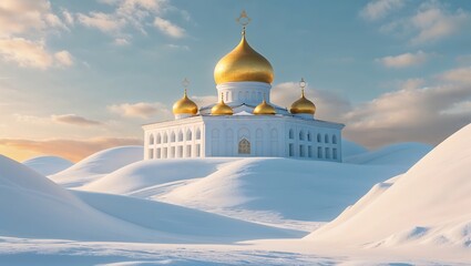 A serene white building with golden domes on a snowy hill at sunset