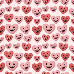 Cute cartoon hearts with scary faces pattern