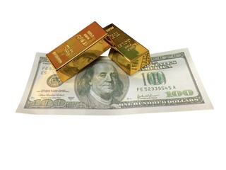 Two gold bars placed in front of a U.S. hundred-dollar bill, highlighting luxury and economic value. © MR HEPPY