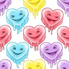Colorful cartoon hearts with faces and drips
