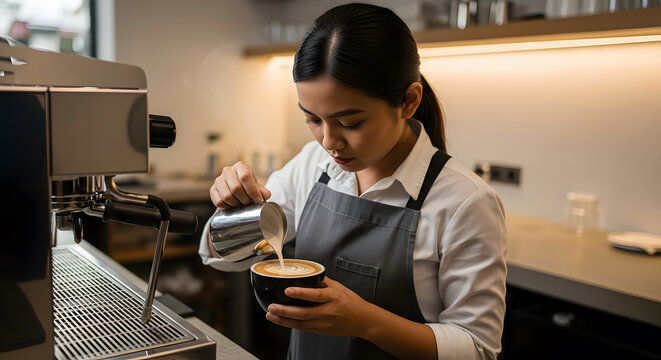 Asian female barista pouring milk for latte art in a modern coff