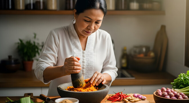 Asian woman grinding fresh spices and chili in a stone mortar in
