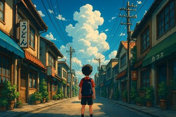 Child Walking Alone Through Traditional Street Under Blue Sky