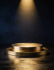Premium Product Background Featuring Gold Podium with Subtle Spotlight in Dark Luxury Branding Scene, High-End Mockup for Elegant Advertising, Minimalist Product Display, and Sophisticated Visuals