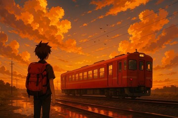 Anime Style Boy Watching Red Train at Sunset Railway Station