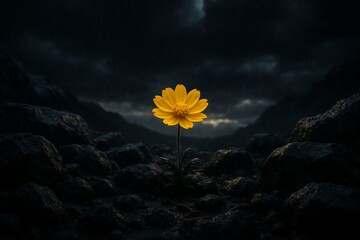Single Yellow Flower Blooming in Dark Rocky Landscape