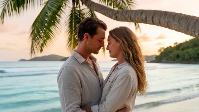  A romantic couple standing close on a tropical beach at sunset beneath palm trees, sharing an intimate moment filled with love, warmth, and serene island atmosphere.