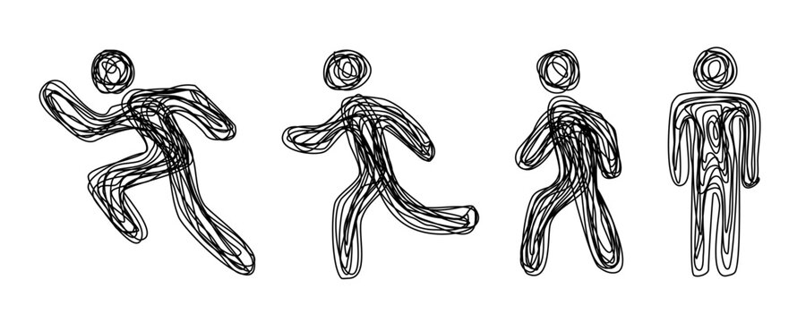 Hand drawn scribble stick figures set showing progression from running to standing. Vector doodle man in motion, walking and active poses.