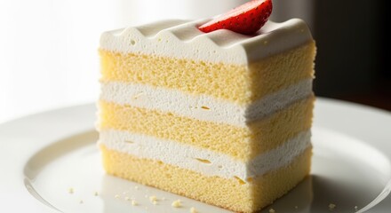 Delicious slice of layered sponge cake with white frosting