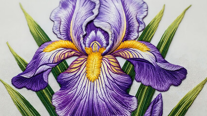 Exquisite purple iris flower embroidery detail, a stunning example of fine needlework and textile craftsmanship.