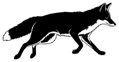 a black and white illustration of a wolf standing in silhouette, black, drawing, fox, illustration, silhouette, stand, wolf, against transparent background © Alloca Design Studio