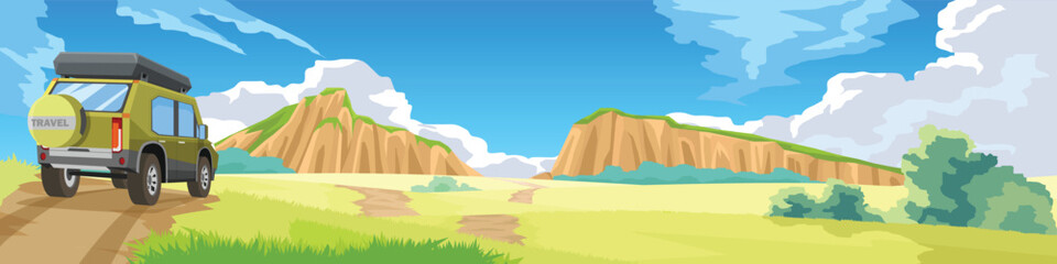 Back view of yellow SUV car driving on dirt road toward mountains. Nature landscape with green grass and trees under blue sky. Summer road trip travel banner concept vector illustration.