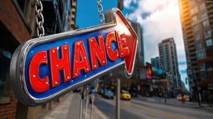 Bright chance sign hanging over city street leading to opportunity in urban setting during afternoon