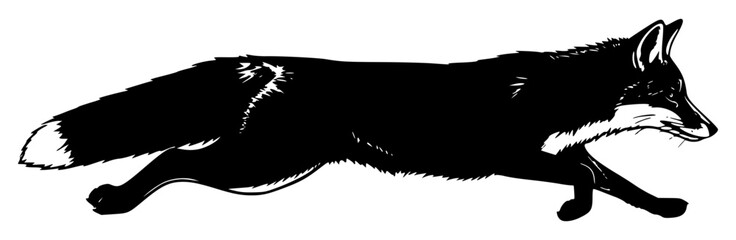 a black and white image of a wolf or fox running with its mouth open, black, drawing, fox, illustration, image, mouth, run, silhouette, wolf, against transparent background © Alloca Design Studio