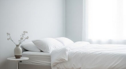 Serene bedroom with white bed and vase on small table