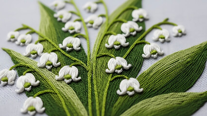 Exquisite hand-embroidered lily of the valley flowers  delicate spring blossoms, macro textile art