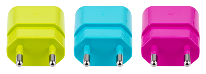 group of adapter for phone charger in three color isolated on white background