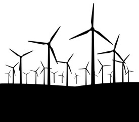 a black and white silhouette of several wind turbines on a hill, black, field, hill, several, silhouette, wind farm, wind turbine, windmill, against transparent background © Alloca Design Studio