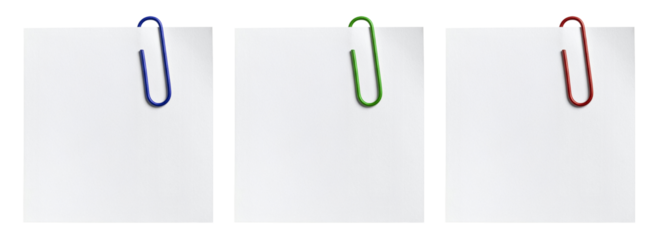 group of blank white paper with three colors paperclip isolated on white background