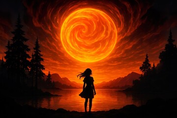 Silhouette Figure Facing Fiery Cosmic Spiral Over Lake at Sunset