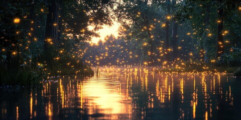 Countless glowing fireflies float above quiet forest pond at dusk, with reflections shimmering on still water. Generative by AI.