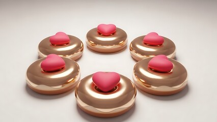 A group of six shiny rose gold donuts with pink heartshaped toppings arranged in a circle