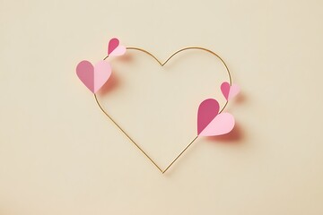 Delicate pink paper hearts adorning a golden wire heart frame isolated on a soft background
