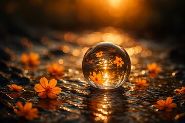 Autumn Flowers Reflected in Glass Sphere with Warm Golden Light