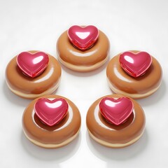 Five delicious donuts decorated with shiny pink heart toppers arranged in a playful pattern