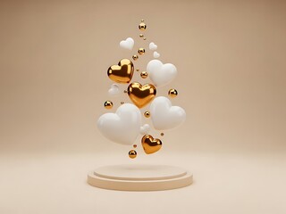 Floating gold and white hearts above a circular pedestal against a neutral background