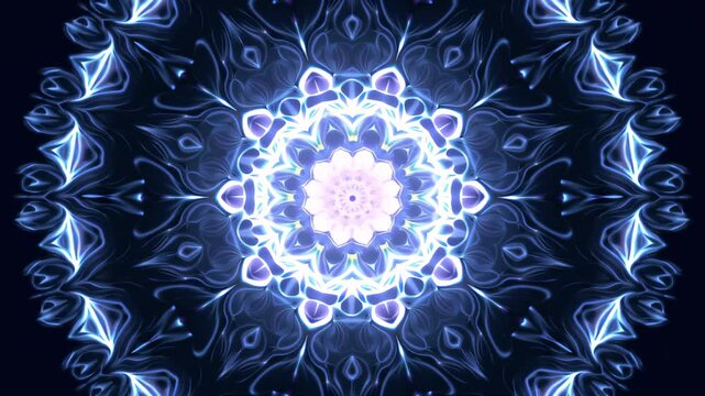 Blue glowing mandala with symmetrical patterns and dynamic animation. Spiritual and psychedelic vibe.