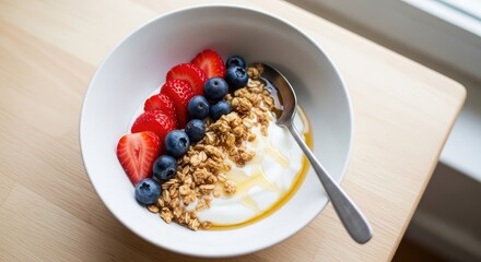 Delicious yogurt bowl with granola and fresh berries on wooden table