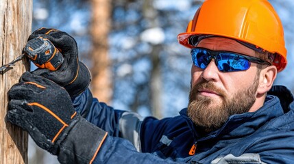 Construction worker uses drill on wooden pole while wearing safety gear in snowy outdoor setting during daytime
